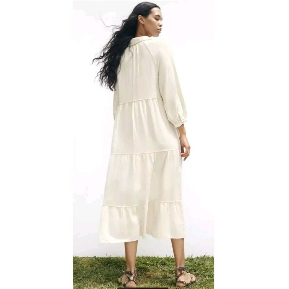 ZARA LINEN-BLEND PANELLED MIDI DRESS 8741/062 CREAM  Medium - Picture 2 of 7